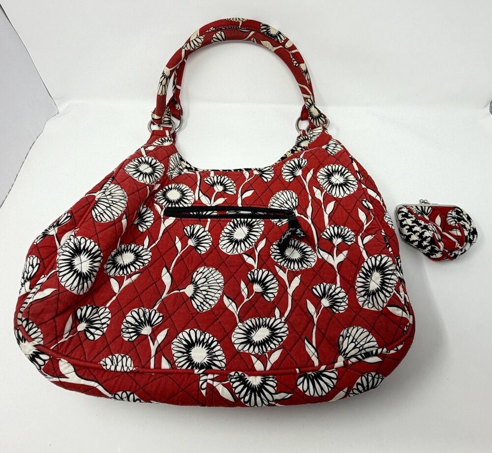 Vera Bradley Deco Daisy Shoulder Bag Red Floral Quilted Retired w/ Change Purse